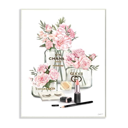 Stupell Industries Pink Rose Florals in Glam Fashion Jars Wood Wall Plaque